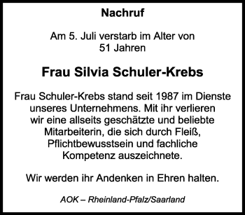 Traueranzeige von Silvia Schuler-Krebs von saarbruecker_zeitung