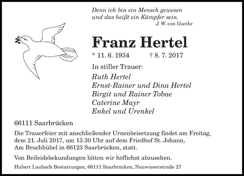  Traueranzeige für Franz Hertel vom 15.07.2017 aus saarbruecker_zeitung