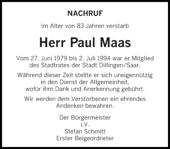 Traueranzeige von Paul Maas von saarbruecker_zeitung