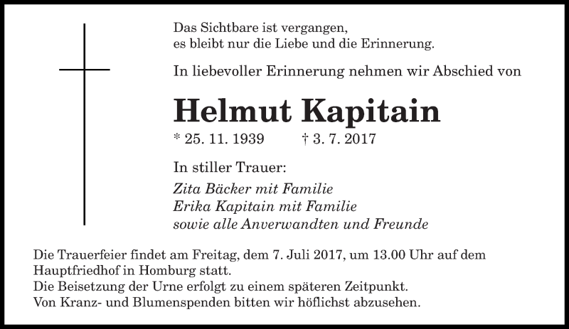  Traueranzeige für Helmut Kapitain vom 06.07.2017 aus saarbruecker_zeitung