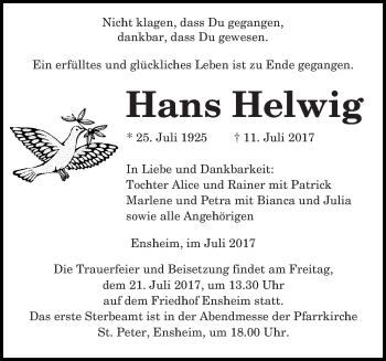 Traueranzeige von Hans Helwig von saarbruecker_zeitung