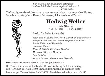 Traueranzeige von Hedwig Weller von saarbruecker_zeitung