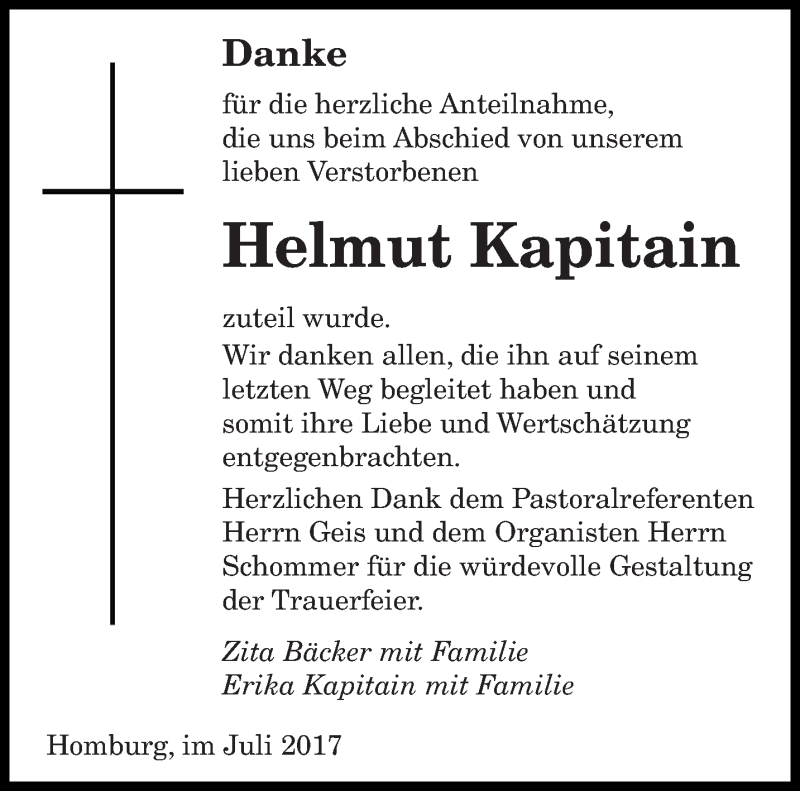  Traueranzeige für Helmut Kapitain vom 28.07.2017 aus saarbruecker_zeitung