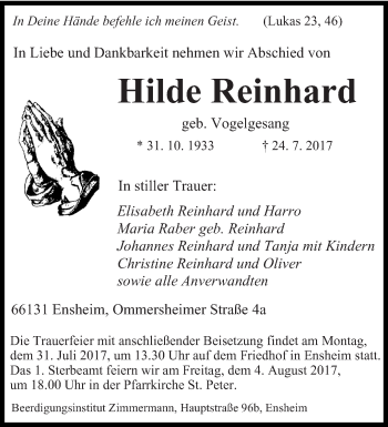 Traueranzeige von Hilde Reinhard von saarbruecker_zeitung