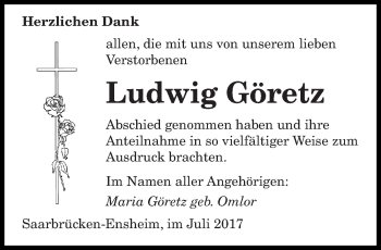 Traueranzeige von Ludwig Göretz von saarbruecker_zeitung