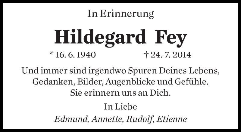  Traueranzeige für Hildegard Fey vom 22.07.2017 aus saarbruecker_zeitung