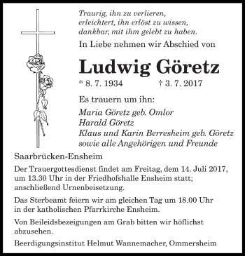 Traueranzeige von Ludwig Göretz von saarbruecker_zeitung