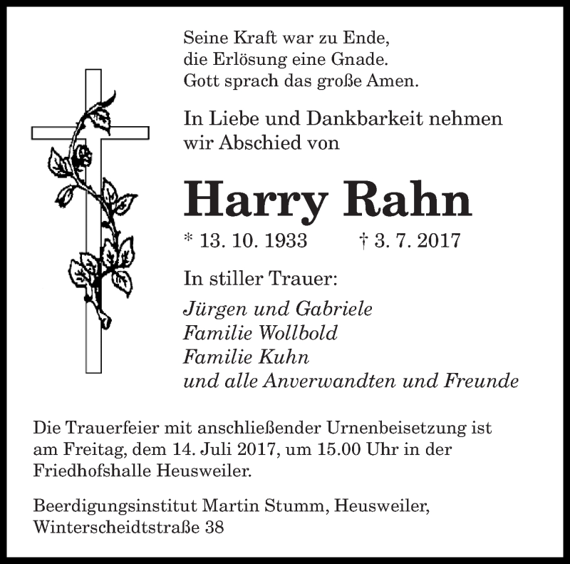  Traueranzeige für Harry Rahn vom 11.07.2017 aus saarbruecker_zeitung