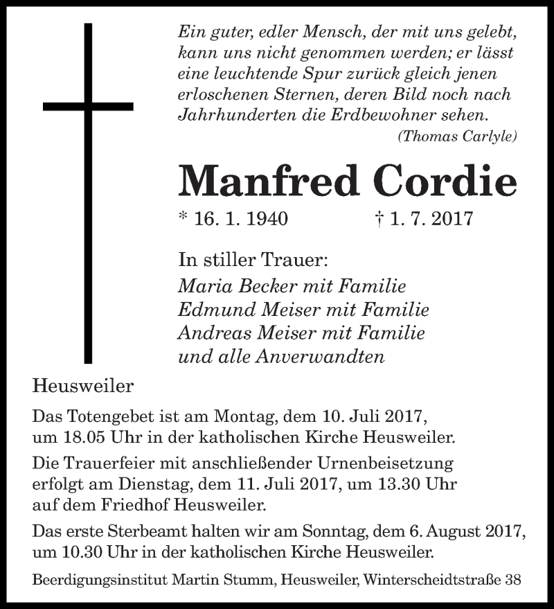  Traueranzeige für Manfred Cordie vom 08.07.2017 aus saarbruecker_zeitung