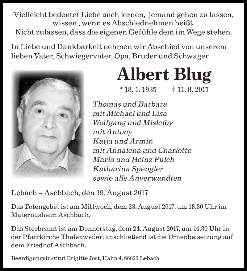  Traueranzeige für Albert Blug vom 19.08.2017 aus saarbruecker_zeitung