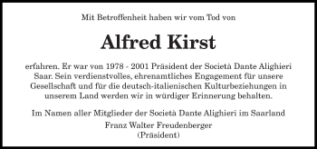 Traueranzeige von Alfred Kirst von saarbruecker_zeitung