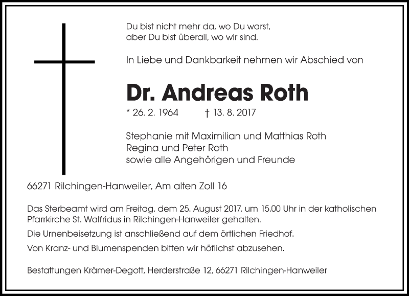  Traueranzeige für Andreas Roth vom 19.08.2017 aus saarbruecker_zeitung