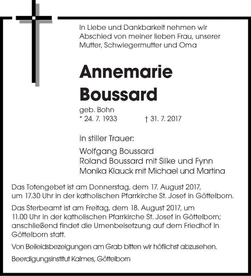  Traueranzeige für Annemarie Boussard vom 12.08.2017 aus saarbruecker_zeitung
