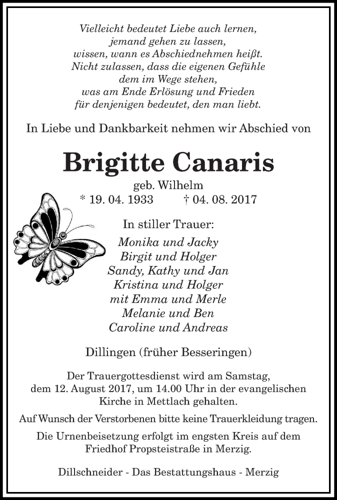  Traueranzeige für Brigitte Canaris vom 10.08.2017 aus saarbruecker_zeitung