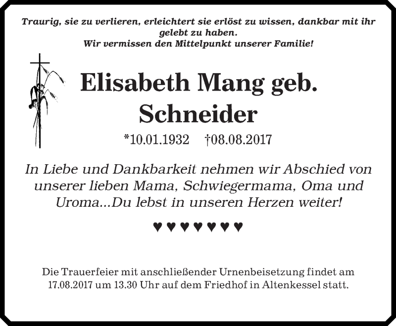  Traueranzeige für Elisabeth Mang vom 14.08.2017 aus saarbruecker_zeitung