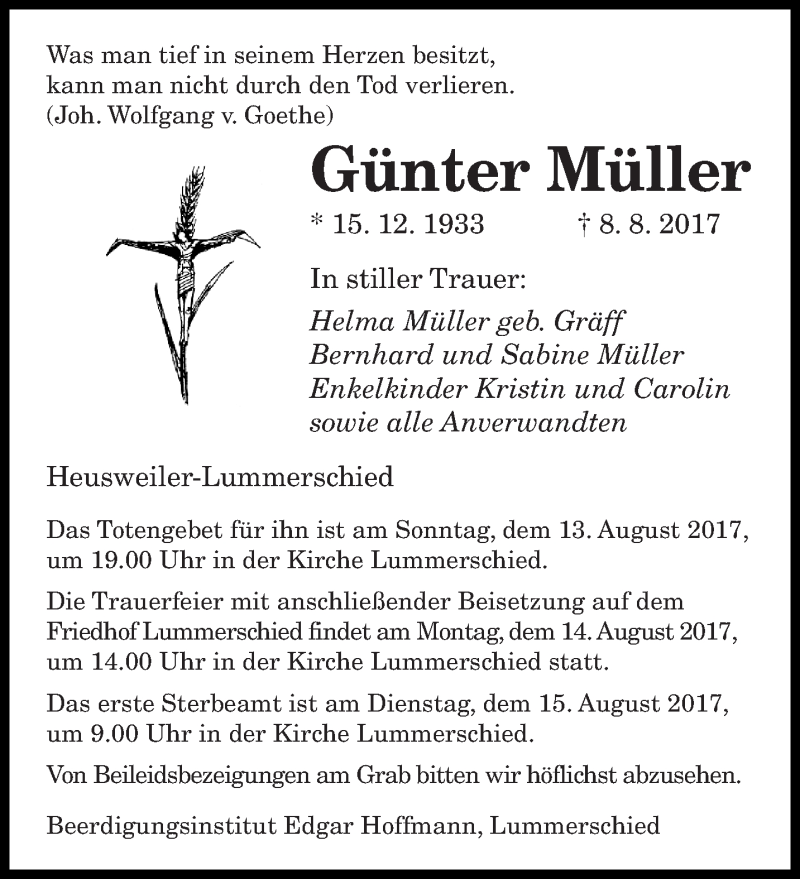 Traueranzeige für Günter Müller vom 11.08.2017 aus saarbruecker_zeitung