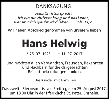 Traueranzeige von Hans Helwig von saarbruecker_zeitung