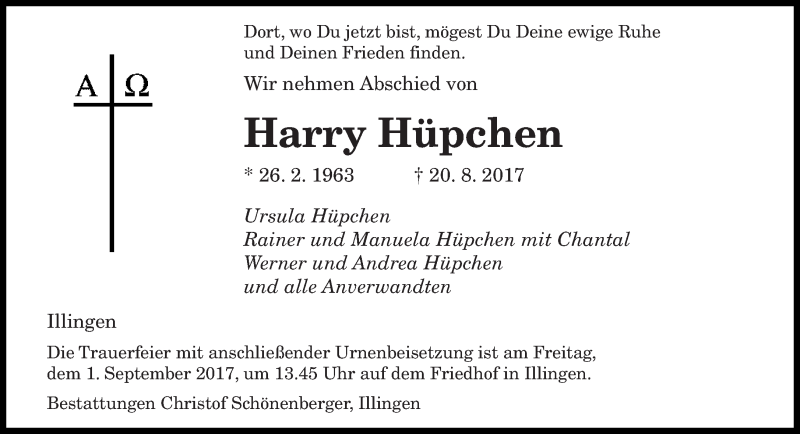  Traueranzeige für Harry Hüpchen vom 29.08.2017 aus saarbruecker_zeitung