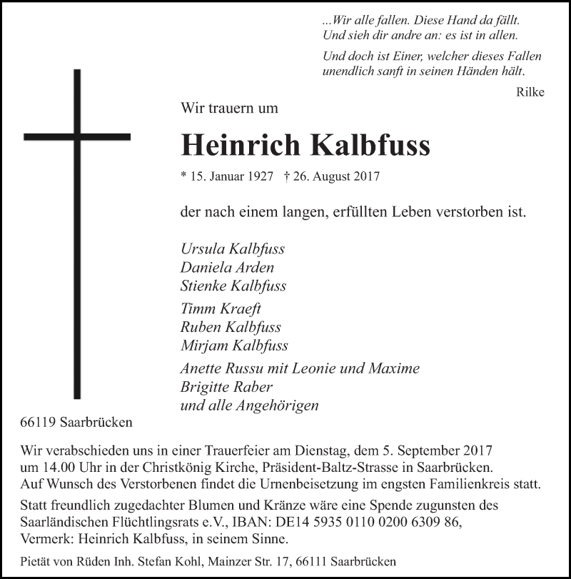  Traueranzeige für Heinrich Kalbfuss vom 30.08.2017 aus saarbruecker_zeitung