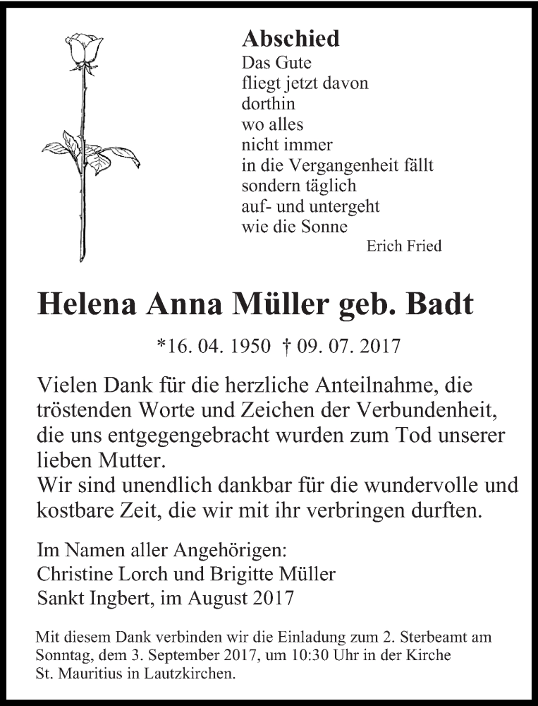  Traueranzeige für Helena Anna Müller vom 30.08.2017 aus saarbruecker_zeitung