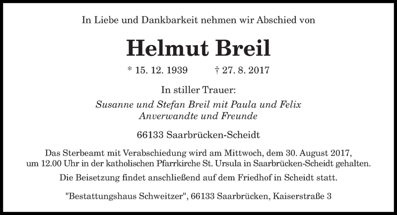 Traueranzeigen von Helmut Breil Saarbruecker Zeitung.Trauer.de