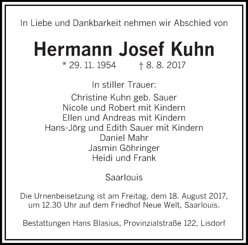  Traueranzeige für Hermann Josef Kuhn vom 16.08.2017 aus saarbruecker_zeitung