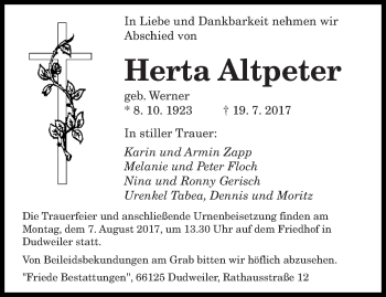 Traueranzeige von Herta Altpeter von saarbruecker_zeitung