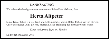 Traueranzeige von Herta Altpeter von saarbruecker_zeitung