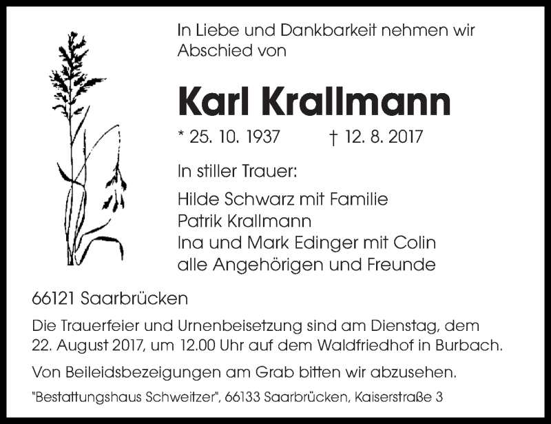  Traueranzeige für Karl Krallmann vom 19.08.2017 aus saarbruecker_zeitung