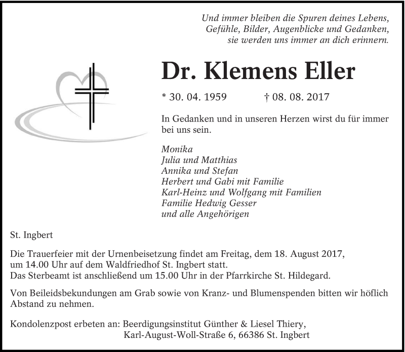  Traueranzeige für Klemens Eller vom 12.08.2017 aus saarbruecker_zeitung