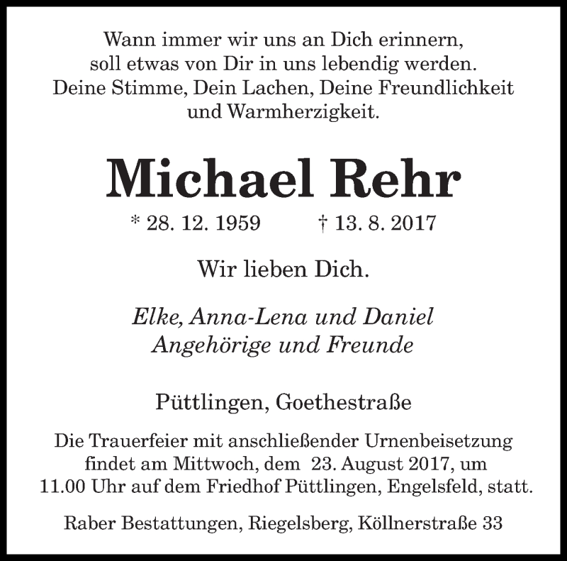  Traueranzeige für Michael Rehr vom 19.08.2017 aus saarbruecker_zeitung