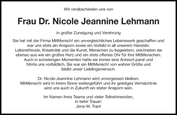 Traueranzeige von Nicole Jeannine Lehmann von saarbruecker_zeitung