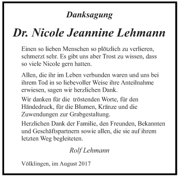 Traueranzeige von Nicole Jeannine Lehmann von saarbruecker_zeitung