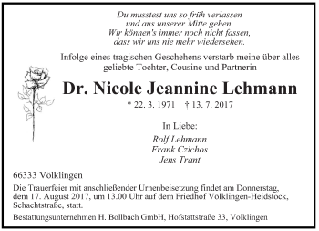 Traueranzeige von Nicole Jeannine Lehmann von saarbruecker_zeitung