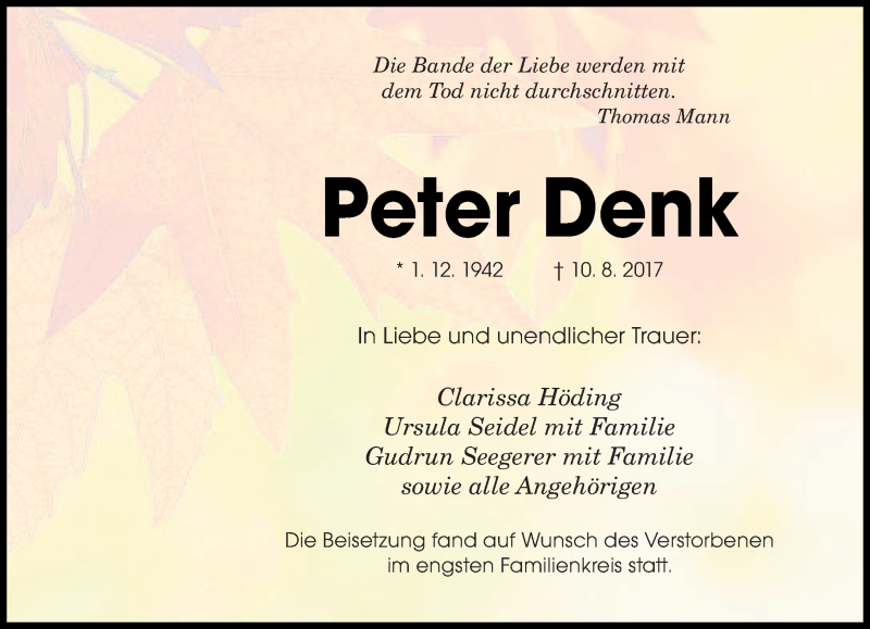  Traueranzeige für Peter Denk vom 19.08.2017 aus saarbruecker_zeitung