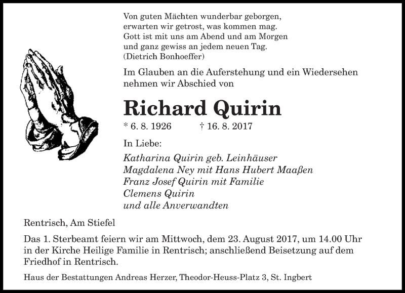  Traueranzeige für Richard Quirin vom 19.08.2017 aus saarbruecker_zeitung