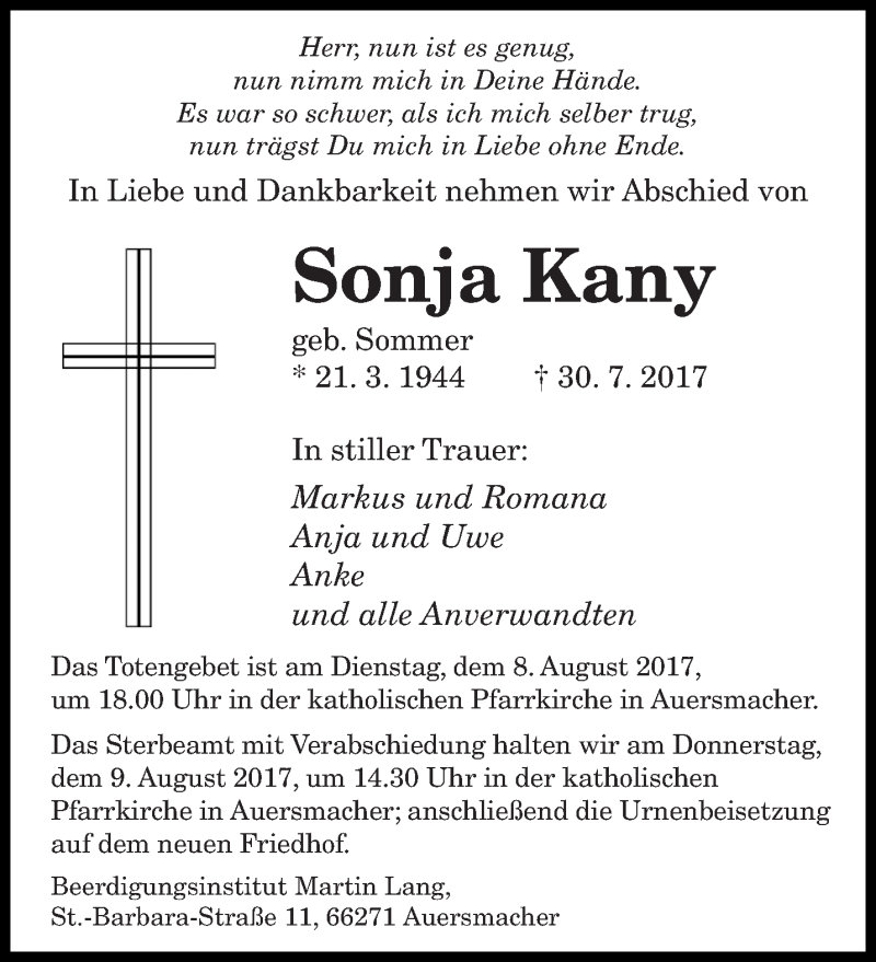  Traueranzeige für Sonja Kany vom 05.08.2017 aus saarbruecker_zeitung