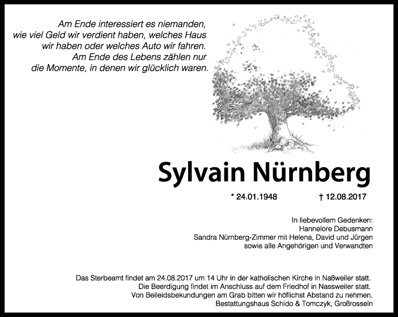  Traueranzeige für Sylvain Nürnberg vom 19.08.2017 aus saarbruecker_zeitung