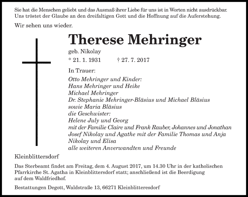 Traueranzeige für Therese Mehringer vom 01.08.2017 aus saarbruecker_zeitung