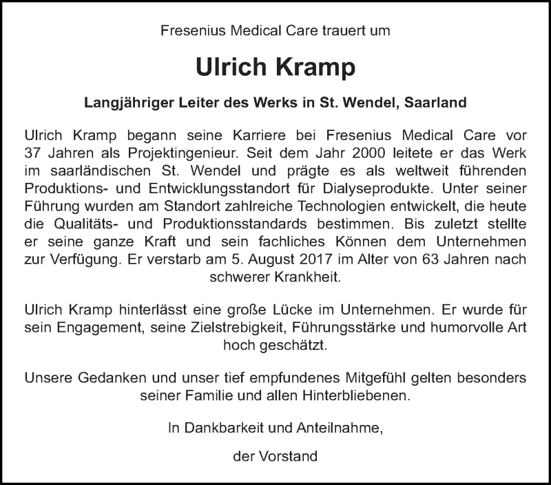  Traueranzeige für Ulrich Kramp vom 17.08.2017 aus saarbruecker_zeitung