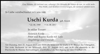 Traueranzeige von Uschi Kurda von saarbruecker_zeitung