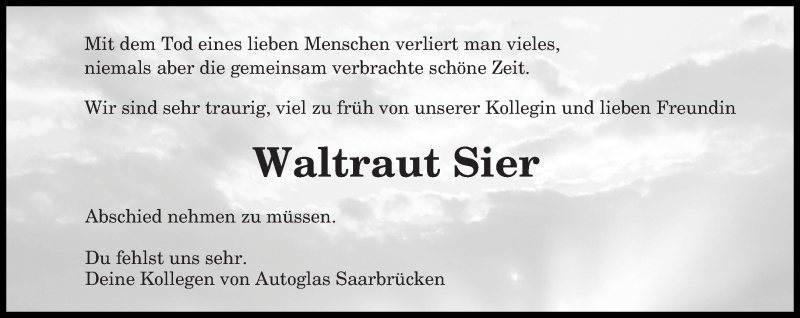  Traueranzeige für Waltraut Sier vom 12.08.2017 aus saarbruecker_zeitung