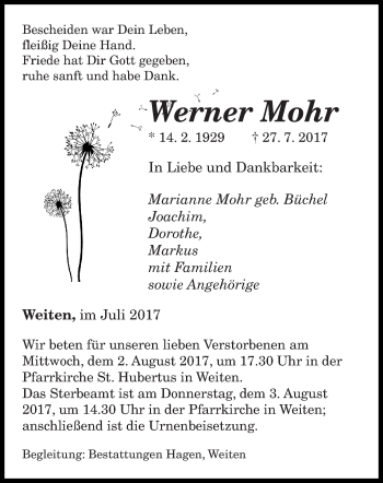 Traueranzeige von Werner Mohr von saarbruecker_zeitung