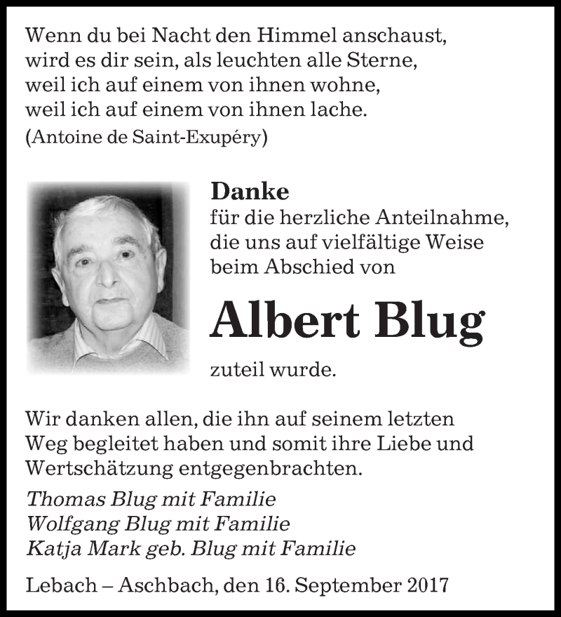  Traueranzeige für Albert Blug vom 16.09.2017 aus saarbruecker_zeitung