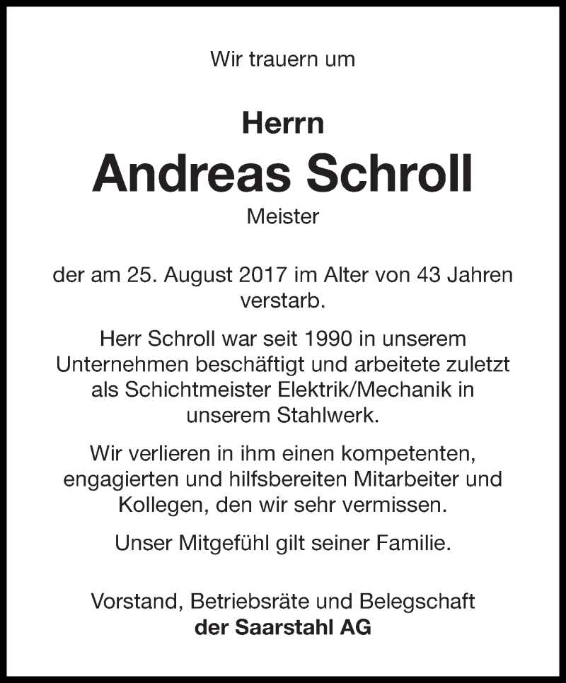  Traueranzeige für Andreas Schroll vom 02.09.2017 aus saarbruecker_zeitung