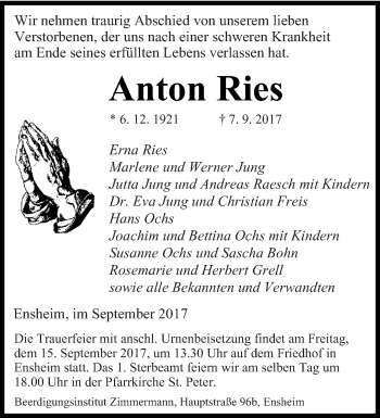 Traueranzeige von Anton Ries von saarbruecker_zeitung