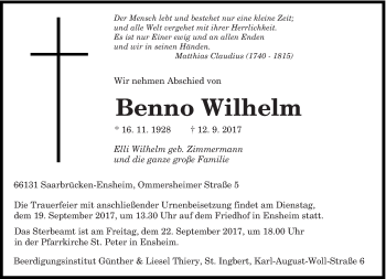 Traueranzeige von Benno Wilhelm von saarbruecker_zeitung