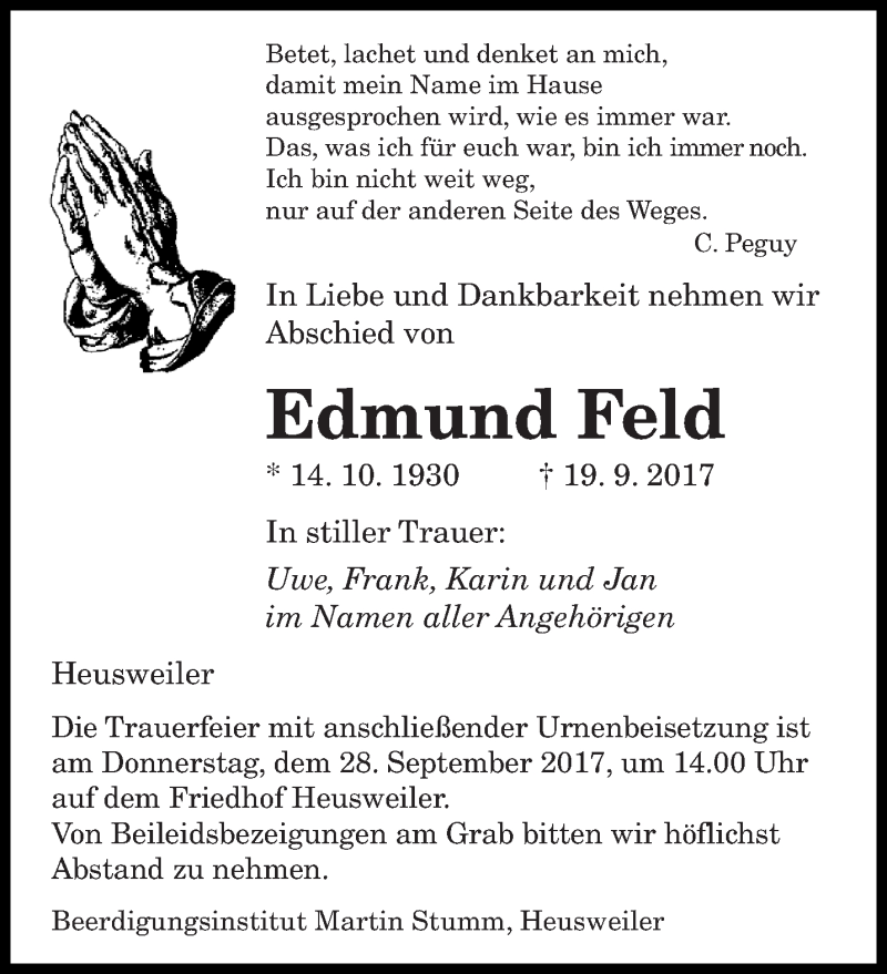  Traueranzeige für Edmund Feld vom 23.09.2017 aus saarbruecker_zeitung
