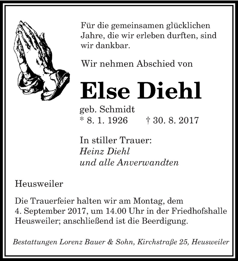  Traueranzeige für Else Diehl vom 02.09.2017 aus saarbruecker_zeitung