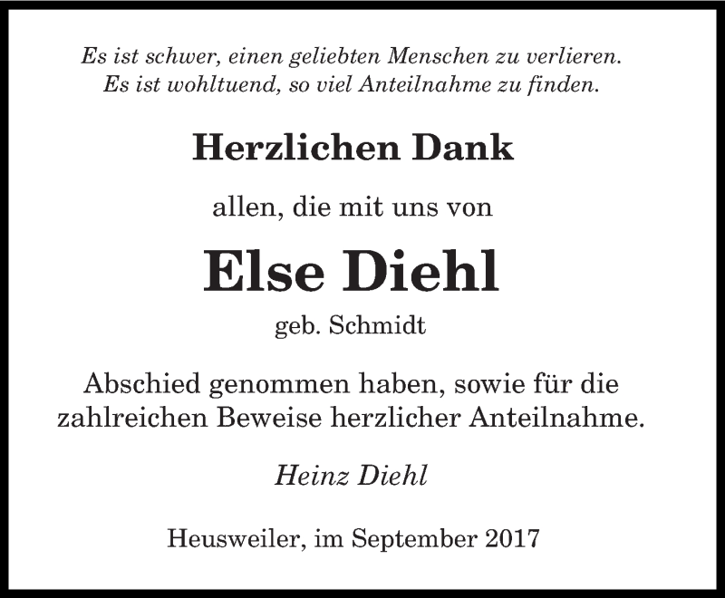  Traueranzeige für Else Diehl vom 15.09.2017 aus saarbruecker_zeitung